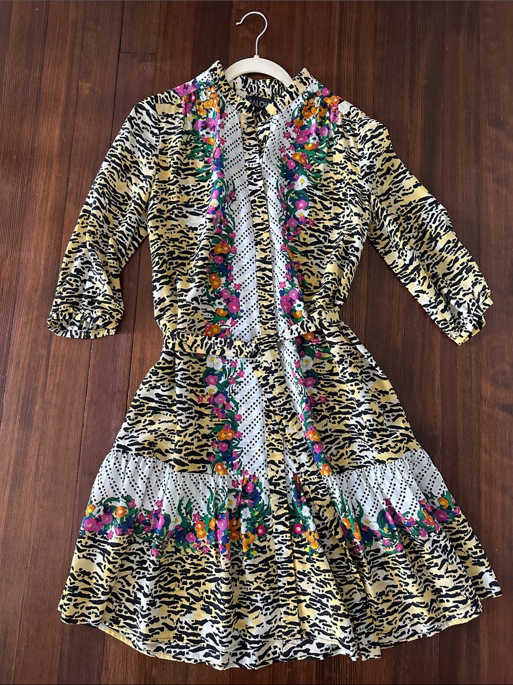 SALONI Yellow Animal-Print Mini Dress with Floral Stripe